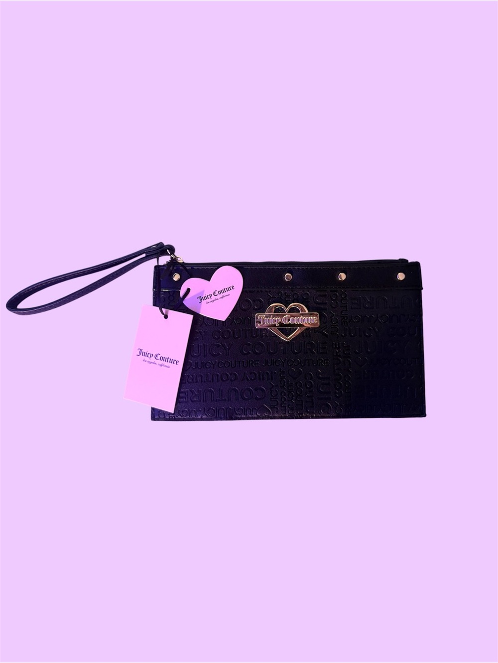 Juicy Couture Black Embossed Wristlet Clutch with Heart Logo
